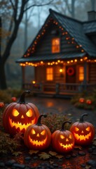 a house decorated with pumpkins and decorations and lights for the Halloween holiday, a rural house in the night forest, autumn nature