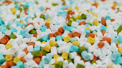 Closeup of colorful mix plastic polypropylene granules, masterbatch polymer grain with shallow dof. HDPE or PVC resin pellets. 3d render illustration