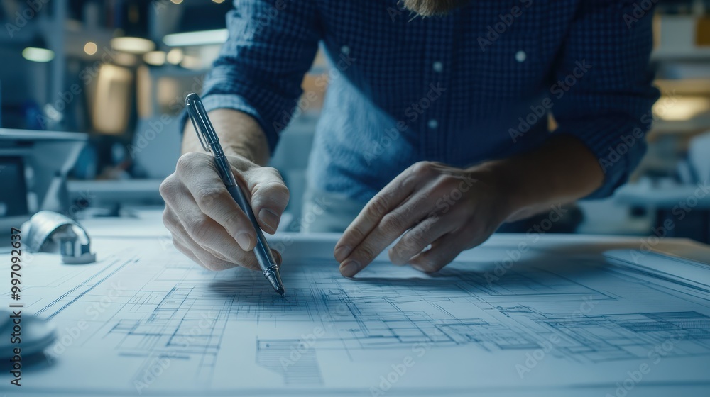 Poster architect or engineer working on building blueprint contractor designing and drawing blueprint layou