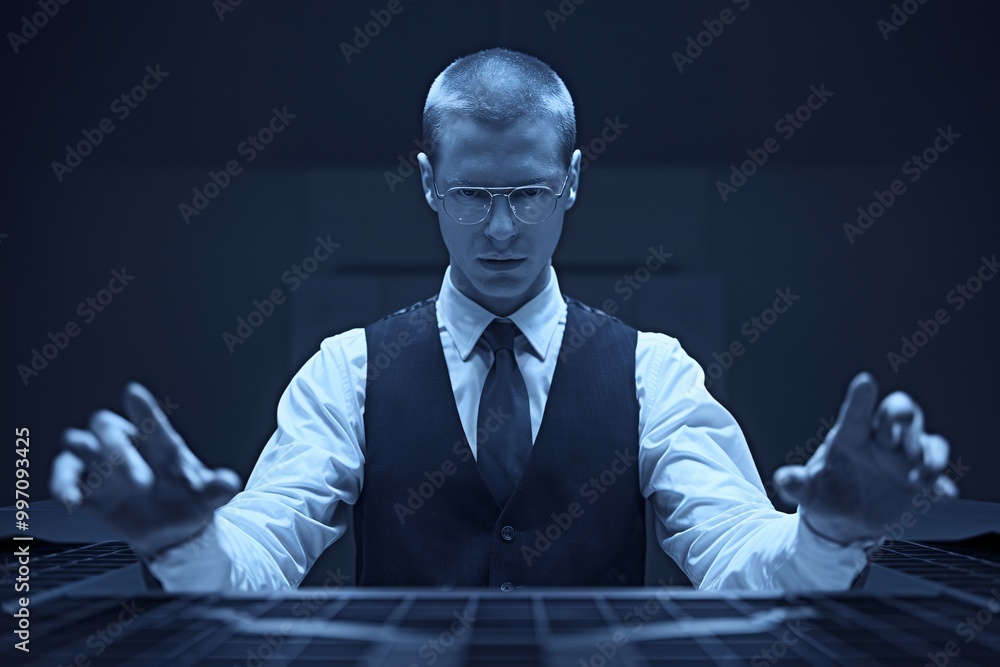 Poster the hacker's gaze: a mysterious figure, shrouded in shadows, sits before a glowing computer screen, 