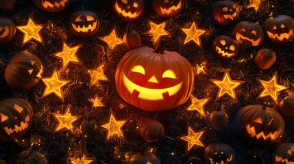 An artistic arrangement of smiling pumpkins and glowing stars forming a festive pattern