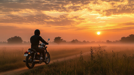 Fototapeta premium motorcycle through the countryside with amazing sunrise
