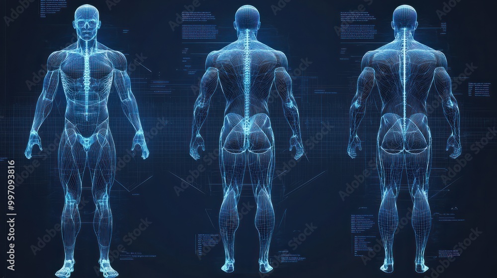 Poster blueprint set of 3d polygonal wireframes of the human body in temlate format.