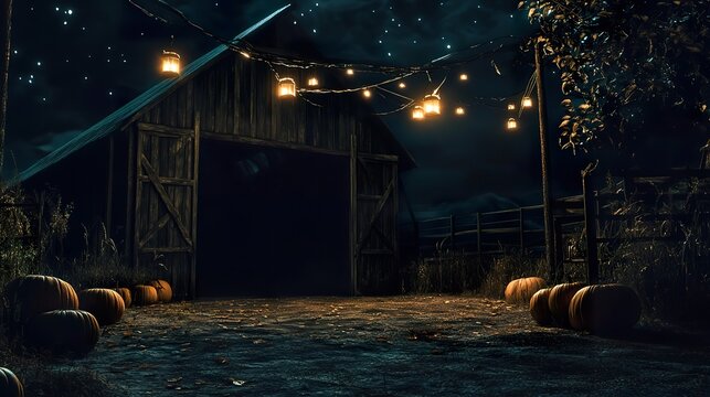 An eerie barnyard at night, with pumpkins lit by lanterns hanging from the rafters, casting haunting shadows on the ground below.