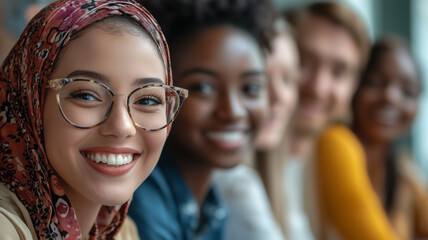 Obraz premium Diverse and inclusive group of office colleagues smiling at a training course. Multiracial group of woman and men following a course, symposium, training. Colleagues learning new skills.