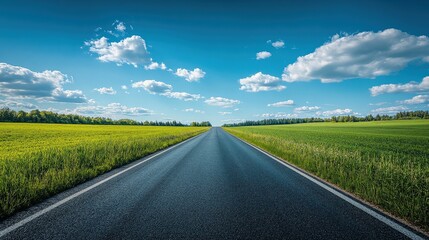 Wide open road leading into the horizon with clear blue sky and white clouds