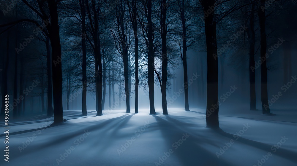 Poster panoramic view of a snow-covered forest in heavy fog at night. tree shadows loom large, creating a g