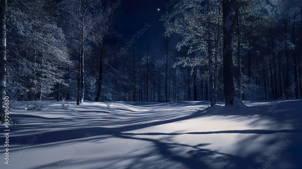 Poster silent forest with trees casting delicate shadows on the deep snow under a clear night sky.