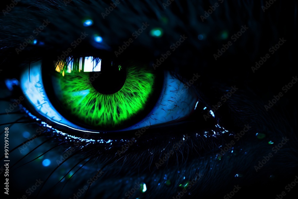 Poster captivating close-up of a vibrant green eye illuminated by soft light in a dark setting