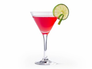 Fototapeta premium A cosmopolitan cocktail in a martini glass with a lime twist on a white background