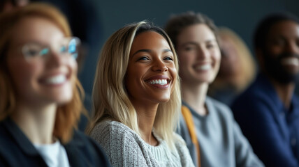 Obraz premium Diverse and inclusive group of office colleagues smiling at a training course. Multiracial group of woman and men following a course, symposium, training. Colleagues learning new skills.