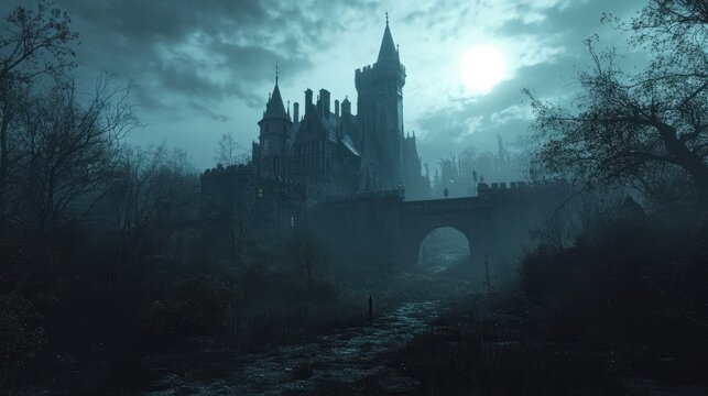Horror halloween, haunted castle in creepy spooky night. Generative ai.