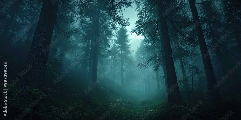 Poster a forest at night with trees and a moon in the sky