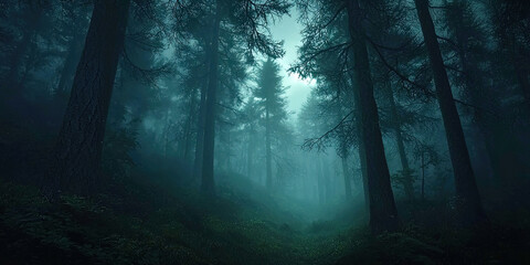 Fototapeta premium A forest at night with trees and a moon in the sky