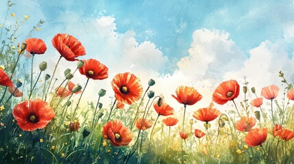 Obraz premium joyful spring meadow bursting with vibrant red poppies a celebration of life and renewal watercolor illustration