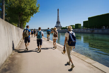 Travelers and Tourists Walking Relaxing and Exploring in Sunlight by the Eiffel Tower with Couples Families and Groups Enjoying the Famous French Landmark