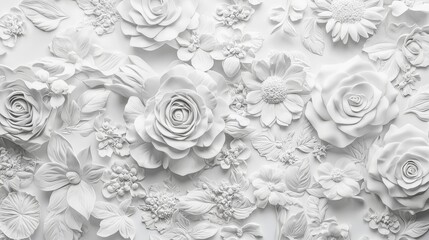 White floral relief art showcasing intricate designs of roses and blossoms on a textured background