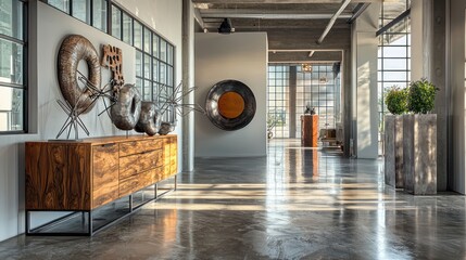A trendy industrial entryway with a custom wooden console, metal sculptures, and a polished concrete floor under a high, vaulted ceiling