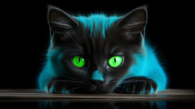 A curious black cat with glowing green eyes sits patiently on a dark surface at night