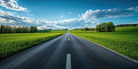 Wide open road leading into the horizon with clear blue sky and white clouds