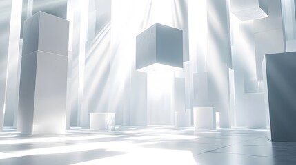 Silver background with glowing white squares and rectangular shapes on the floor