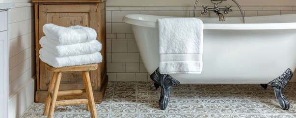 A vintage-style farmhouse bathroom with a pedestal tub, patterned floor tiles, and a small wooden stool holding fluffy white towels