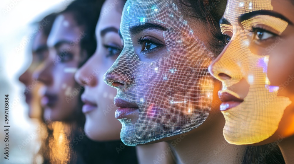 Poster a diverse group of individuals stands side by side, featuring facial recognition grids overlayed on 