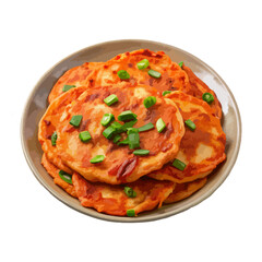 Front view of Kimchi Jeon with pan-fried Korean kimchi pancakes isolated on a white transparent background