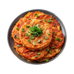 Front view of Kimchi Jeon with pan-fried Korean kimchi pancakes isolated on a white transparent background