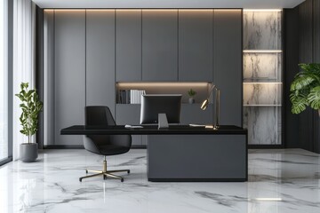 Modern Corporate Office Interior with Grey Desk, Black Computer, and Marble Floor