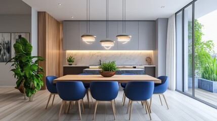 Luxurious Scandinavian Dining Room with Blue Chairs and Wooden Table in Modern Home Interior Design