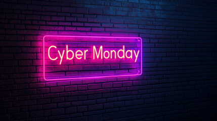 Obraz premium Neon sign with the text Cyber Monday on a black brick wall, Cyber Monday, Shopping from home, Cyber Monday banner, Sales, Cyber offers, E commerce