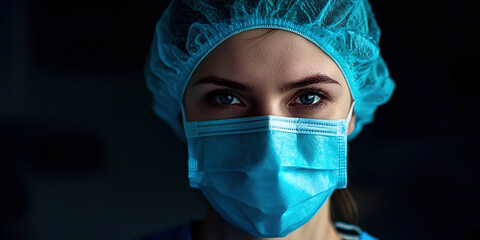 A woman wearing a blue surgical mask