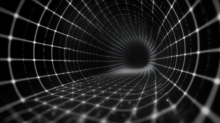 3d abstract black and white background. Retrowave retro 80s 90s futuristic grey laser neon grid surface. Wireframe tunnel net in dark space isolated black Disco music template