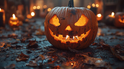 A glowing jack-o'-lantern sits in a field of fallen leaves.