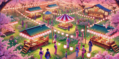 Anime Park Background; Sakura Festival Park with booths, hanging lights, and people in traditional clothing celebrating a cherry blossom 
festival