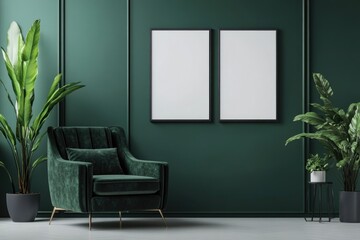 Contemporary Living Room Interior with Vertical Poster Frames and Dark Green Armchair