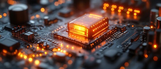 Close Up of a Glowing Processor on a Circuit Board