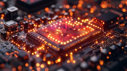 Obraz premium Close-up of a Glowing Computer Chip on a Circuit Board