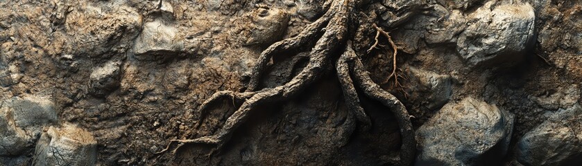 Organic roots emerging from a 3D object, intertwining and anchoring it close up, anchoring, realistic, Composite, rocky terrain