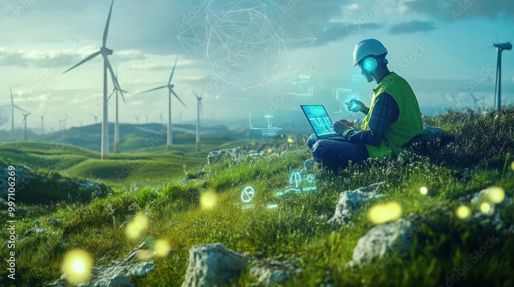 Aufkleber a team of renewable energy engineers working amidst a landscape dotted with wind turbines and solar 