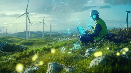 A team of renewable energy engineers working amidst a landscape dotted with wind turbines and solar panels. consulting data on laptop with holographic analytics floating in the air. Generative AI.