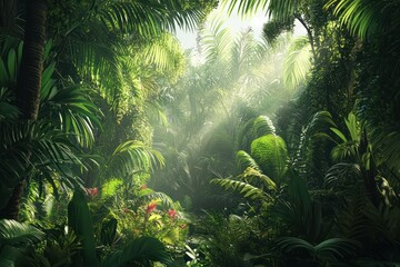 A lush jungle scene teems with vibrant green foliage, inviting exploration and adventure in the wild.