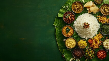 An array of vibrant dishes sits on a banana leaf, showcasing a traditional Onam sadhya meal filled with rice, curries, and side items, highlighting the festival's culinary richness