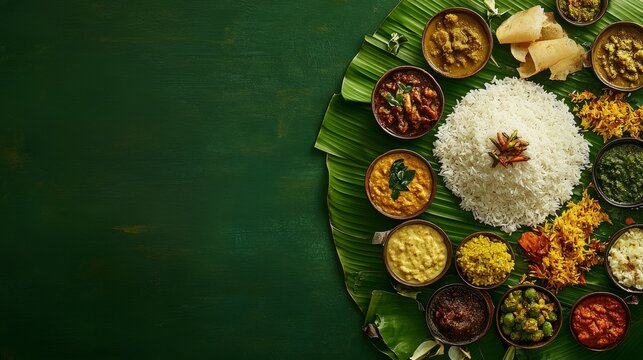 An array of vibrant dishes sits on a banana leaf, showcasing a traditional Onam sadhya meal filled with rice, curries, and side items, highlighting the festival's culinary richness