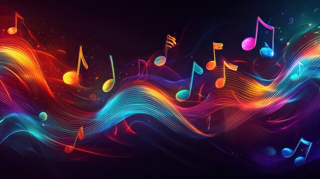 Abstract illustration of musical background with music notes and colorful wavy lines. Concept of the background and backdrop