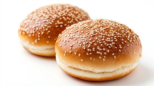 Freshly baked hamburger bun on a white background, sprinkled with sesame seeds.