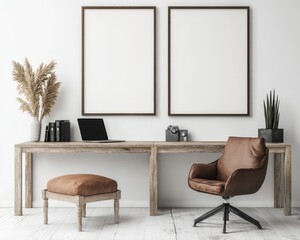 Stylish Living Room Interior with Frame Mockup and Cozy Workspace Ambiance