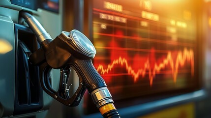 Fuel pump with a rising fuel price chart in the background, showing the increasing cost of gasoline.