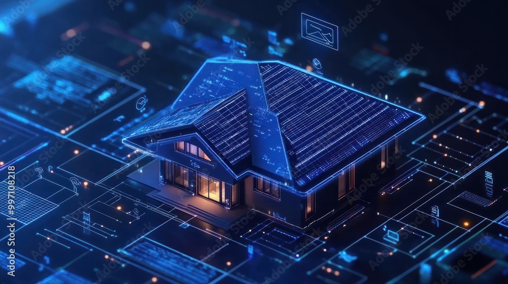 Poster blue print of smart home with solar panels rooftop system digital icons and graphs hover around it.